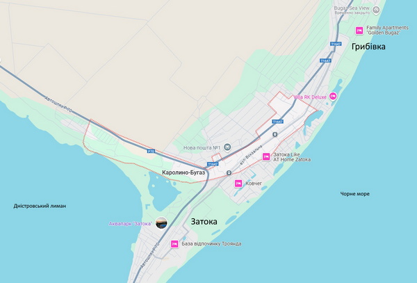 Расположение на карте курорта Каролино-Бугаз